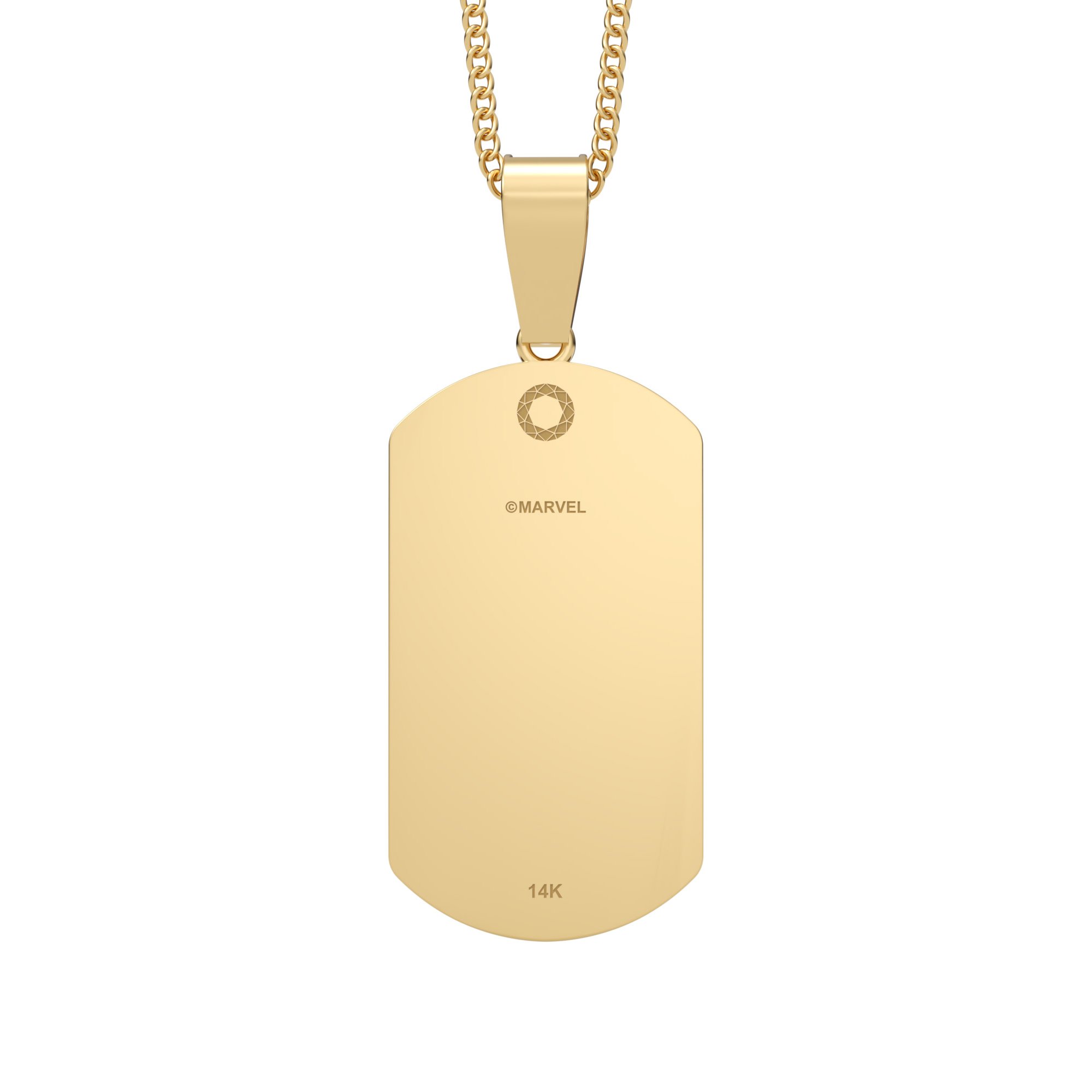 Back side of gold-colored dog-tag-shaped pendant with a detailed design and all marvel real infinity gemstones arranged in a line on the top.