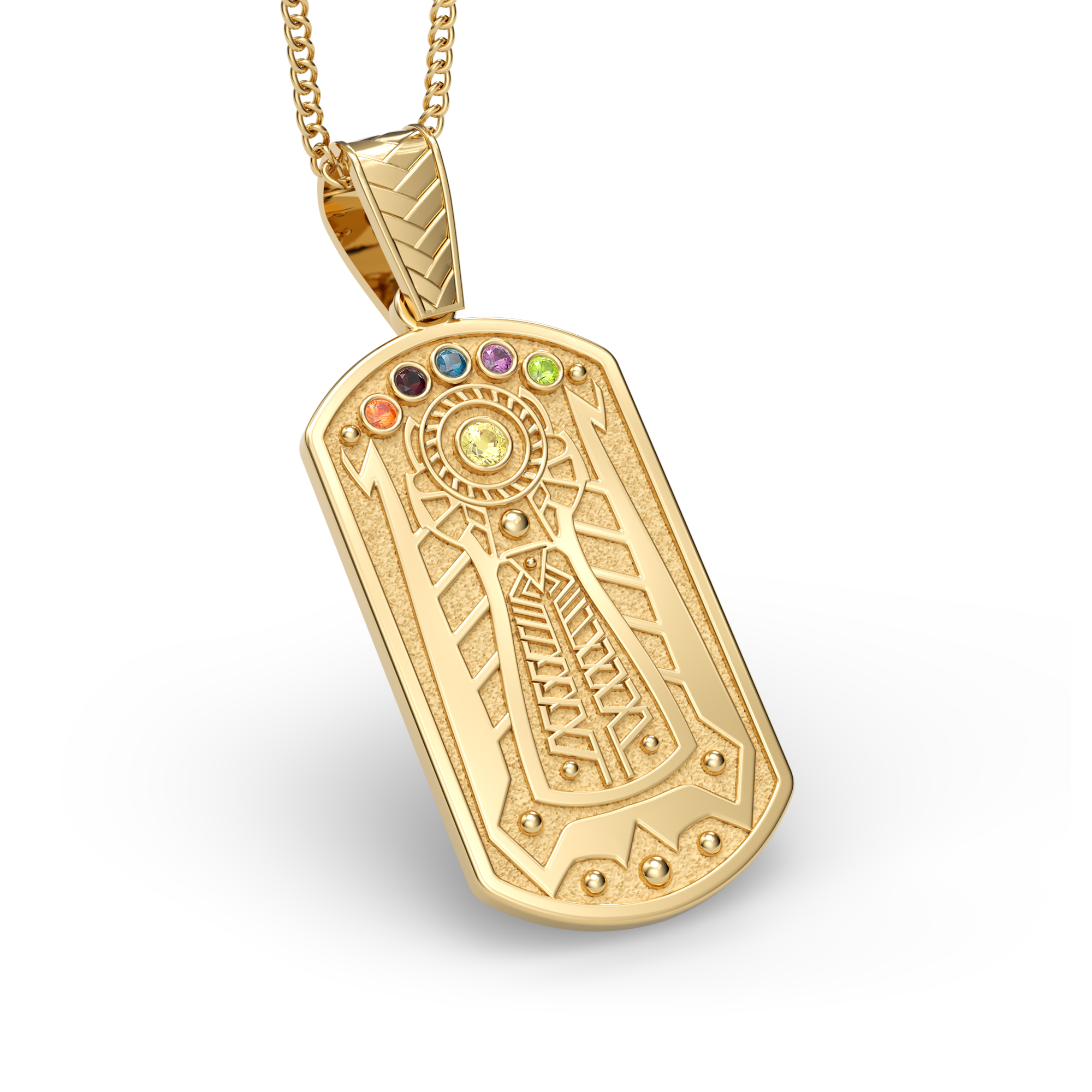 A gold-colored dog-tag-shaped pendant with a detailed design and all marvel real infinity gemstones arranged in a line on the top.