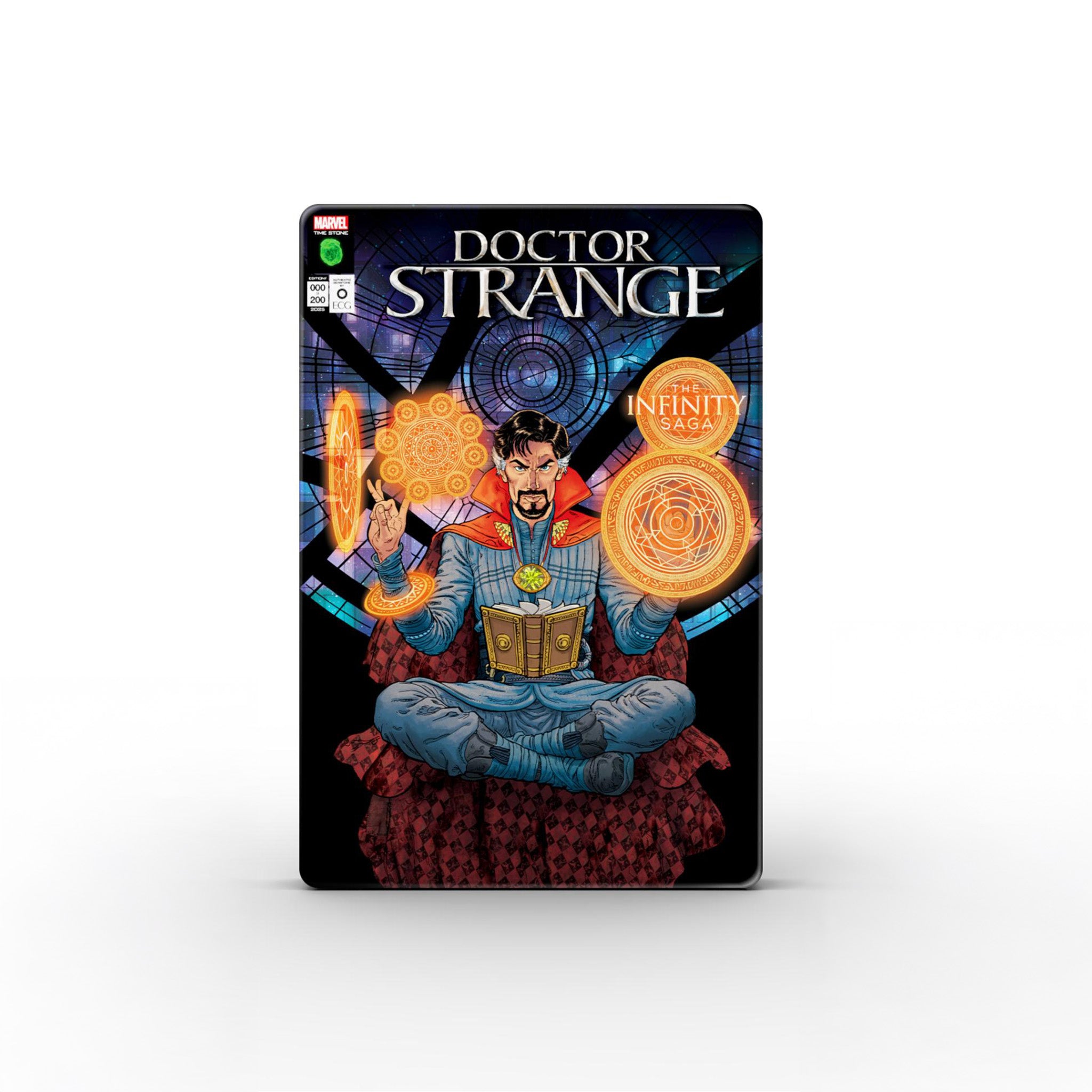 Comic book cover featuring Doctor Strange with mystical symbols on a white background