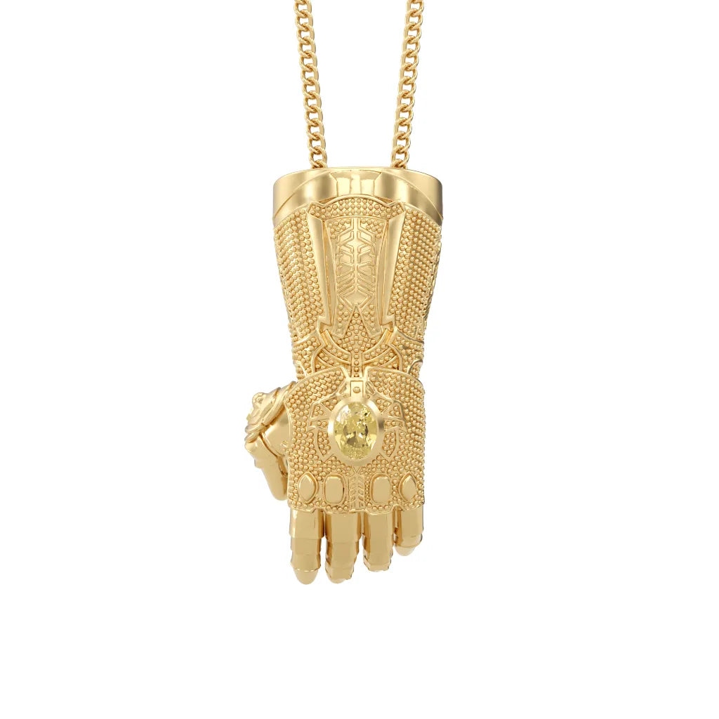 A gold-colored pendant designed to resemble the Infinity Gauntlet from the Marvel Universe, featuring intricate detailing and an purple infinity gemstone in the center.