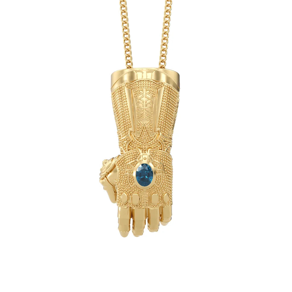 A gold-plated pendant with intricate detailing resembling the Infinity Gauntlet, featuring a purple stone.