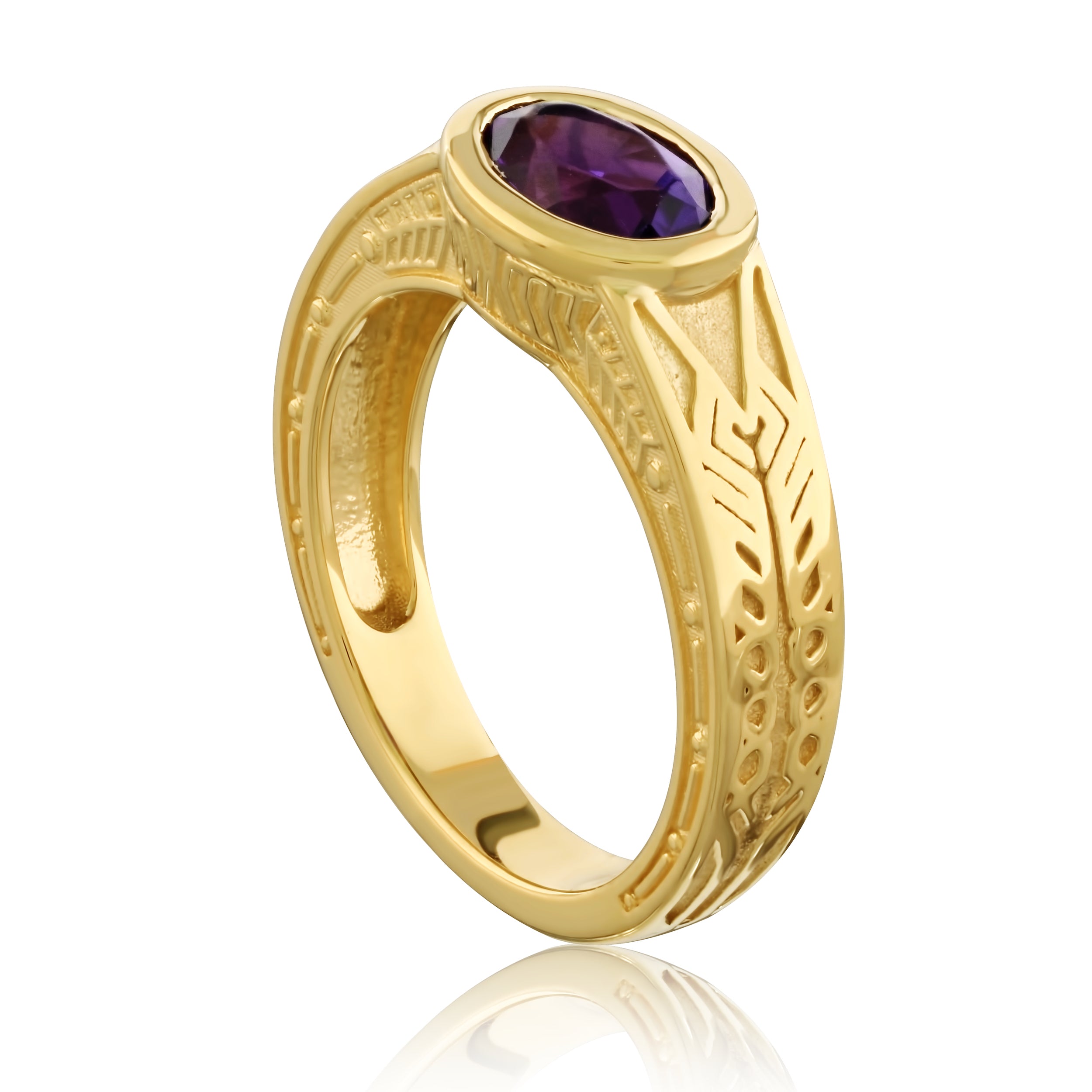 A 14k gold ring with intricate detailing and a purple center stone, inspired by Marvel's Infinity Gauntlet.