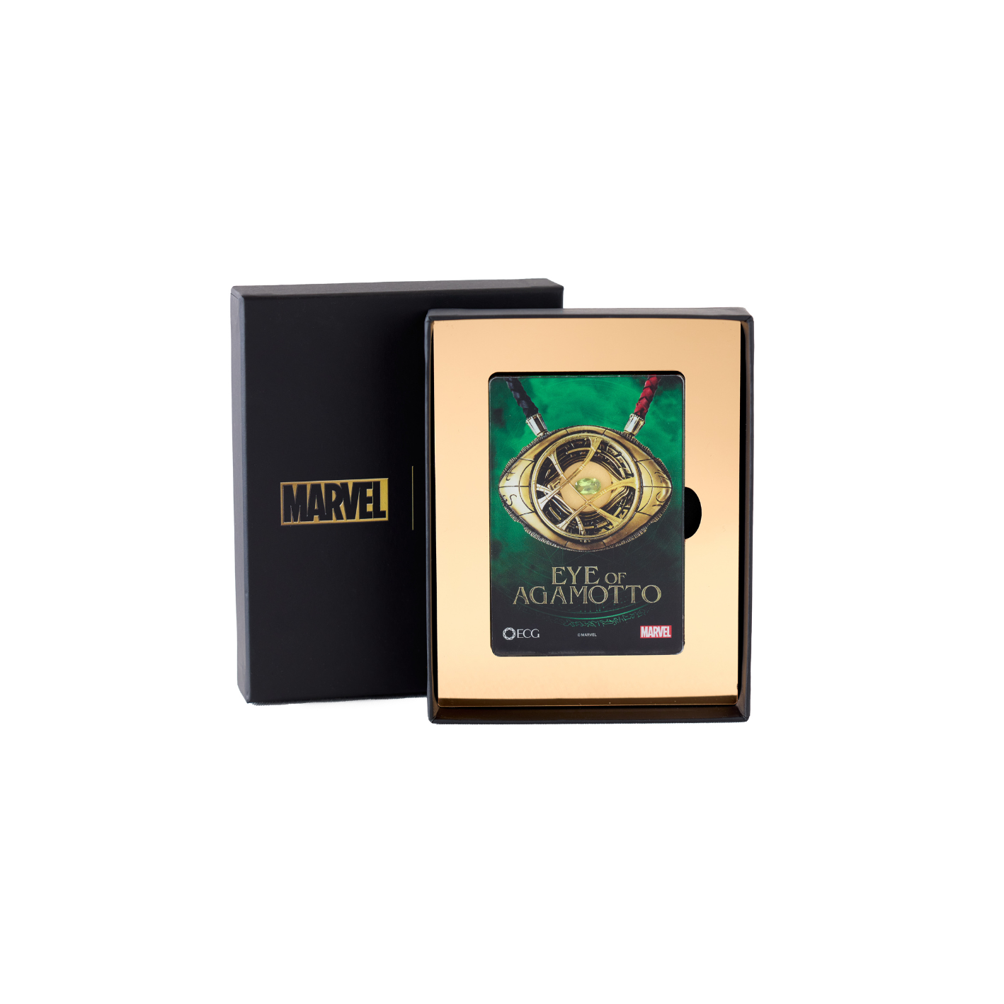Marvel collectible item 'Eye of Agamotto' in a black and gold box on a white background