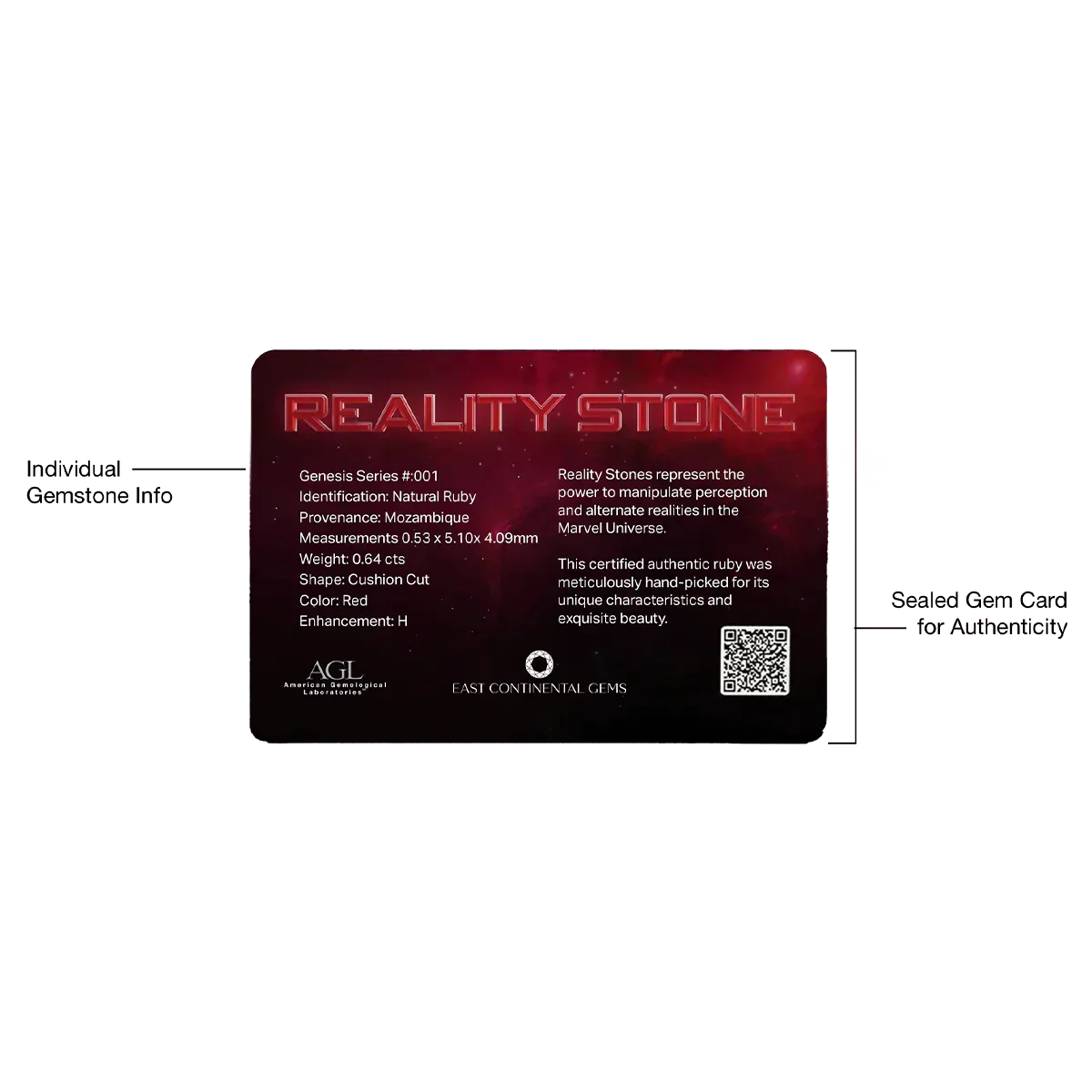 Marvel x East Continental Gems Reality Stone ruby, showcasing vivid red hues and precision gem cutting.