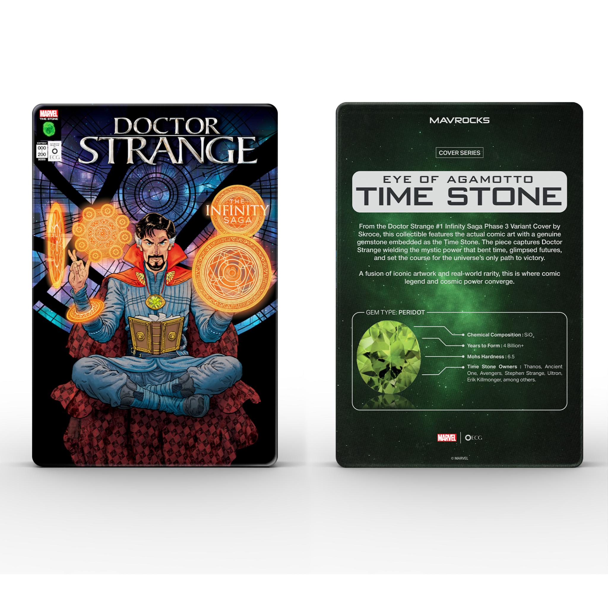 Two comic book covers featuring 'Doctor Strange' and 'Eye of Agamotto Time Stone' on a white background.