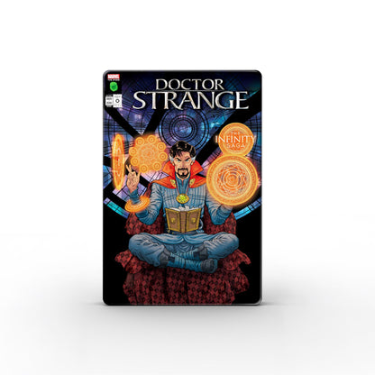 Comic book cover featuring Doctor Strange with mystical symbols on a white background