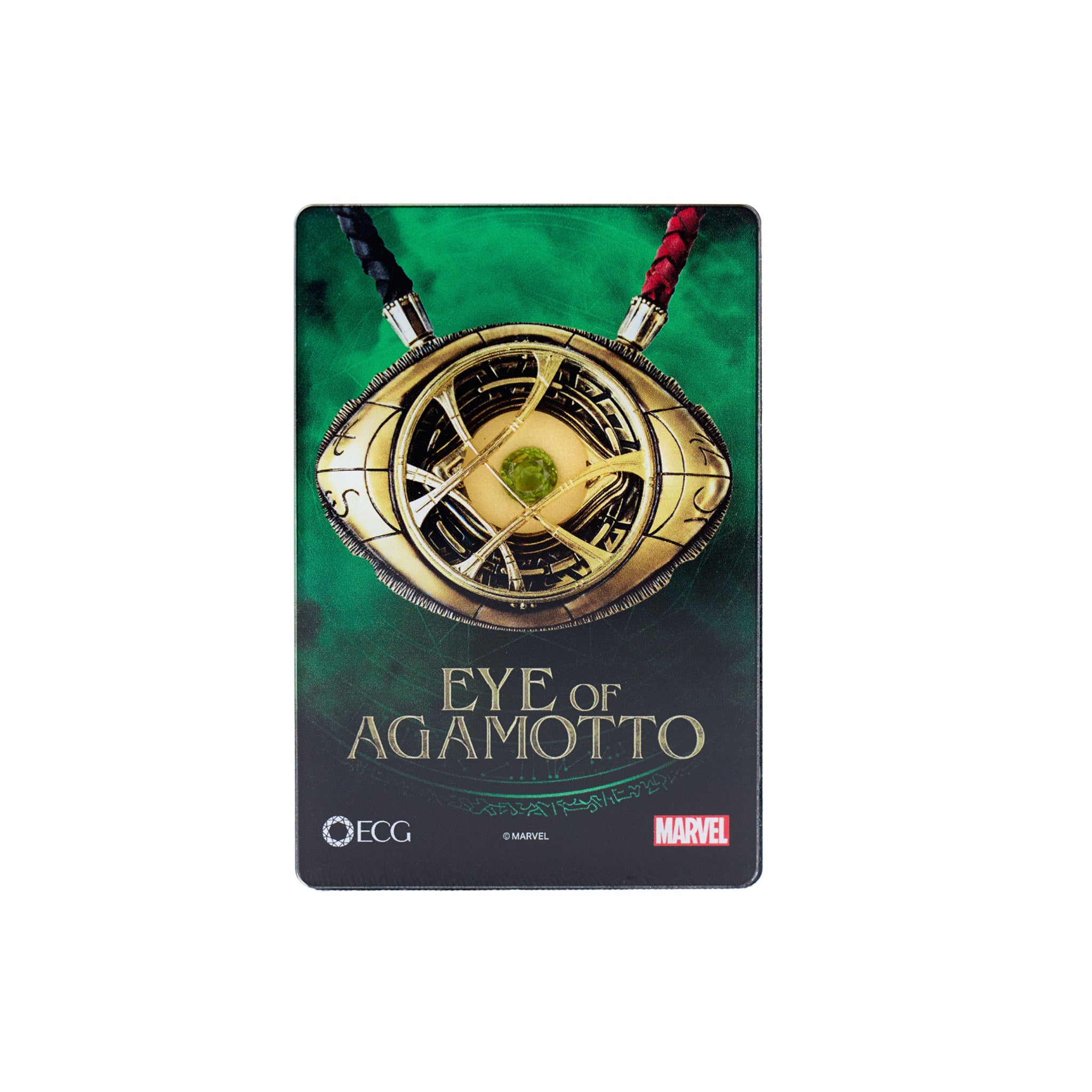Card featuring 'Eye of Agamotto' with Marvel logo on a green background